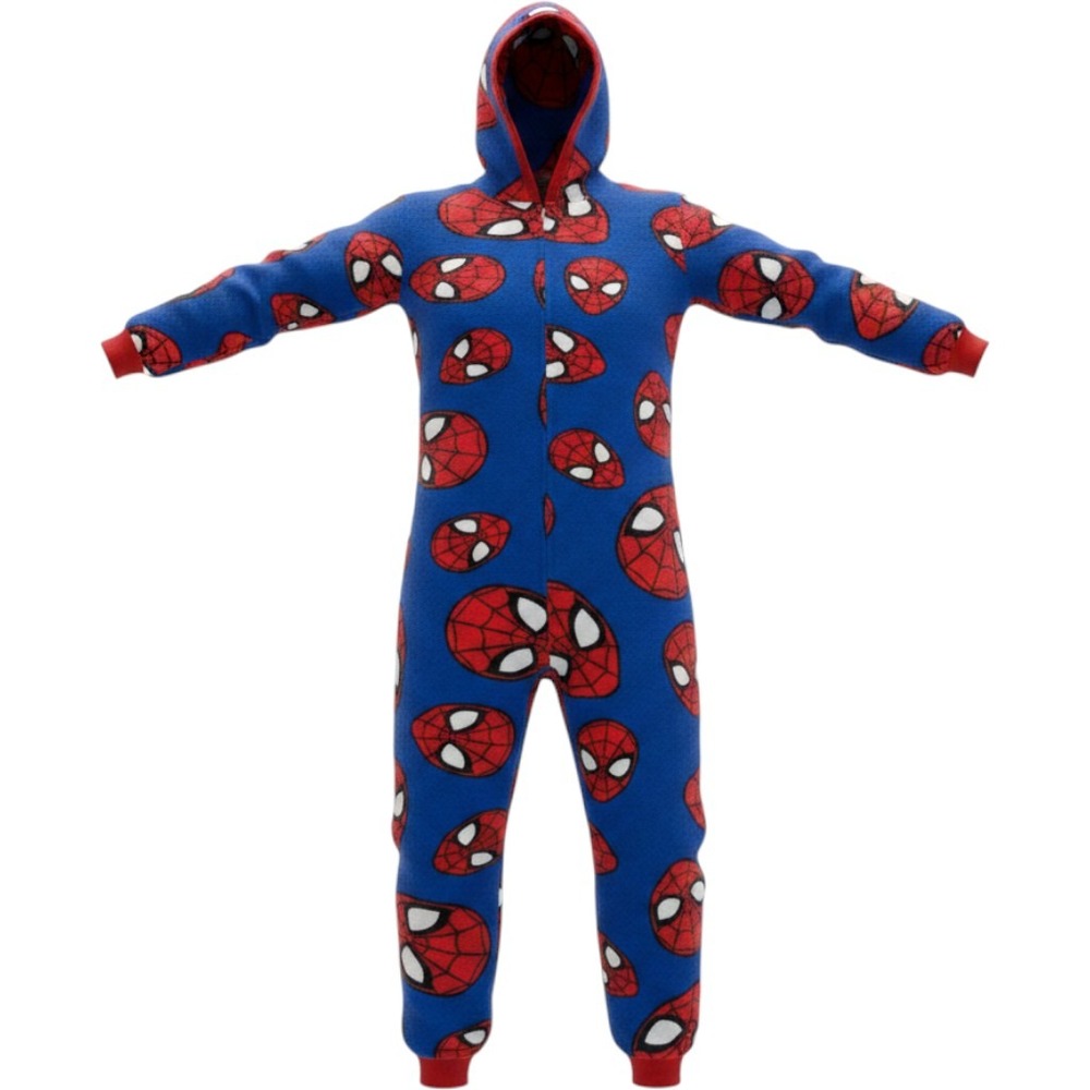 Marvel Spider-Man Union Suit Kids Size M 8/10 Blue Red Hooded Fleece Pajamas